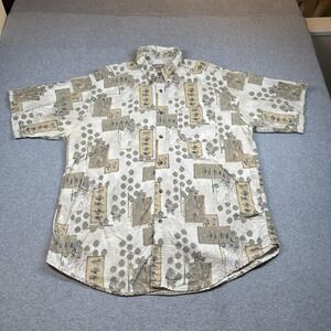 Vintage‎ Woolrich Hawaiian Shirt Mens XL Beige Fishing Geometric Button Down